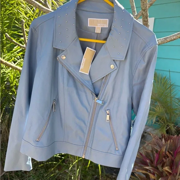 Michael Kors Light Blue Studded Leather Jacket - Picture 1 of 4